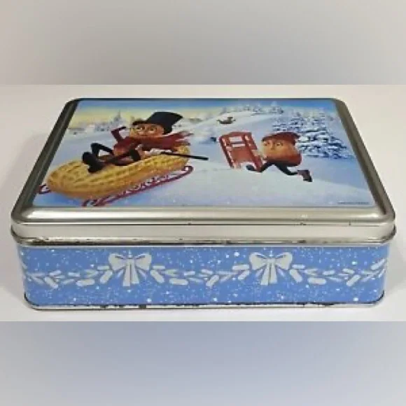 VTG Planters Mr. Peanut Winter Snow Sledding Collectors Tin Christmas Holiday - Picture 5 of 5